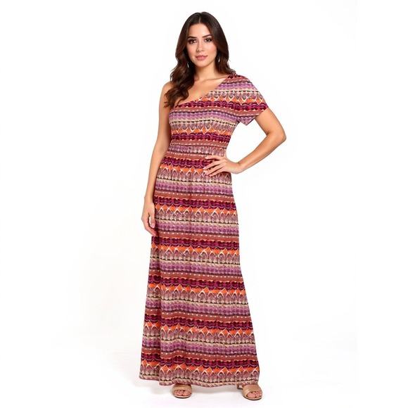 L8ter One Shoulder Maxi Sundress Womens Large Red Multicolor Casual - Picture 1 of 10